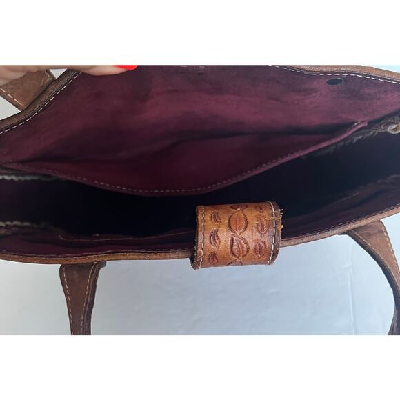Brown Artisan Hand Tooled Rose Detail Brown Leather Tote Hand Bag Satchel Purse - Picture 5 of 10